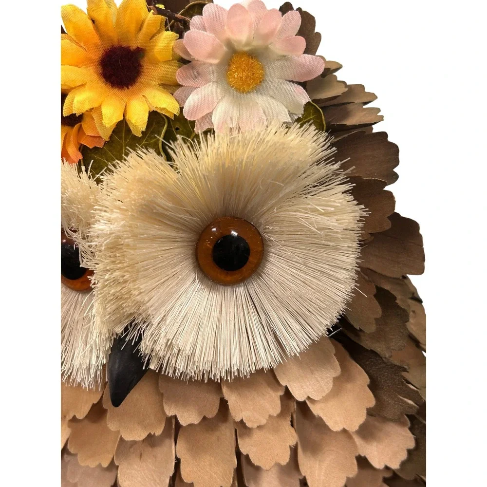 Handmade Rustic Wood Shaving Owl Figurine with Floral Crown Fall Decor 7